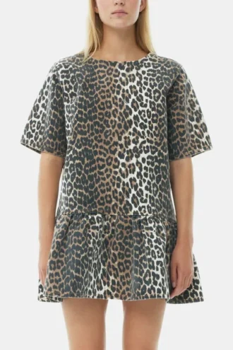 Leopard Open-back Mini Denim Dress