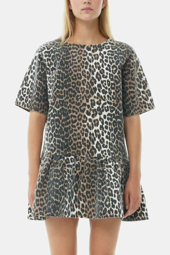 Leopard Open-back Mini Denim Dress Leopard Open-back Mini Denim Dress
