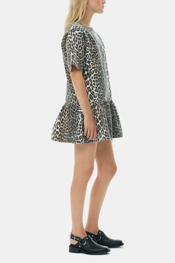 Leopard Open-back Mini Denim Dress Leopard Open-back Mini Denim Dress