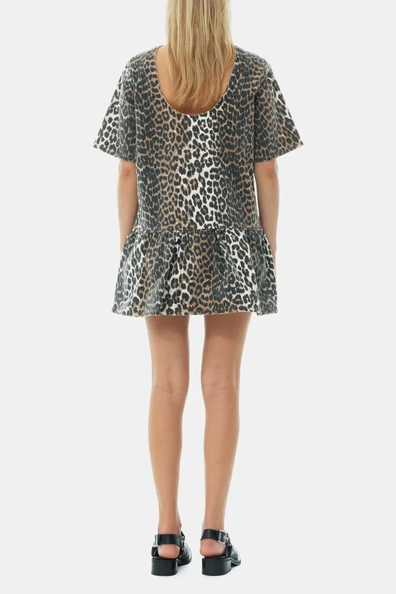 Leopard Open-back Mini Denim Dress Leopard Open-back Mini Denim Dress