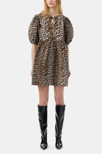 Leopard Printed Cotton Tie String Mini Dress