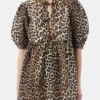 Leopard Printed Cotton Tie String Mini Dress