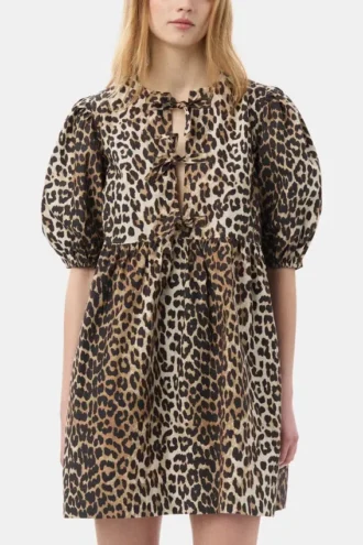 Leopard Printed Cotton Tie String Mini Dress