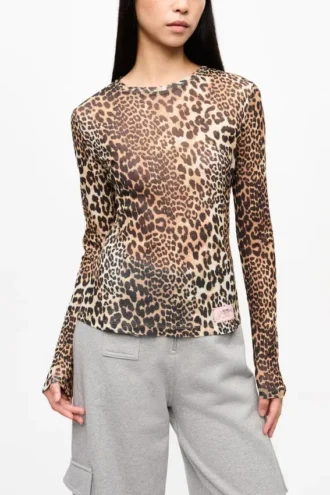 Leopard Printed Mesh Long-sleeve Blouse