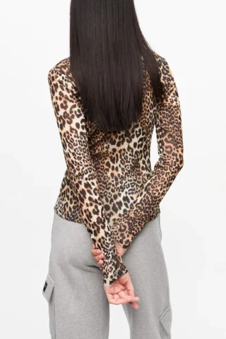 Leopard Printed Mesh Long-sleeve Blouse