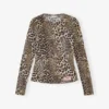 Leopard Printed Mesh Long-sleeve Blouse