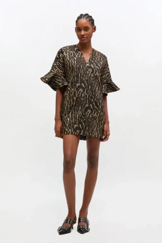 Metallic Cloque Mini Ruffle Dress