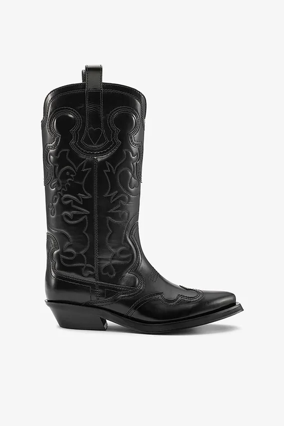 Mid Shaft Embroidered Western Boots in Black Mid Shaft Embroidered Western Boots in Black