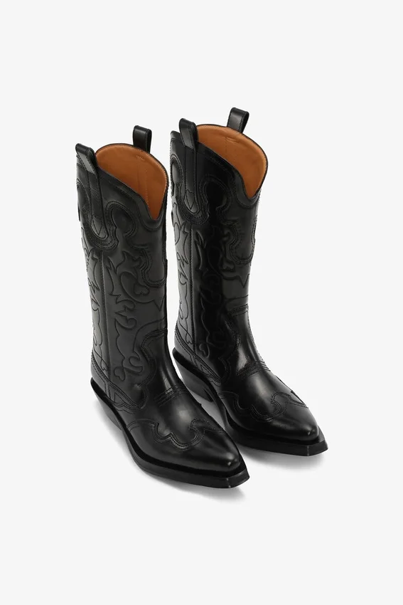 Mid Shaft Embroidered Western Boots in Black Mid Shaft Embroidered Western Boots in Black