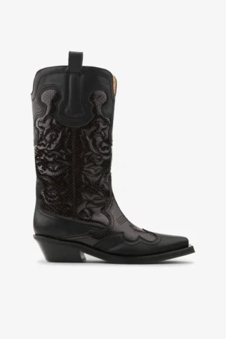 Mid Shaft Embroidered Western Boots in Burgundy
