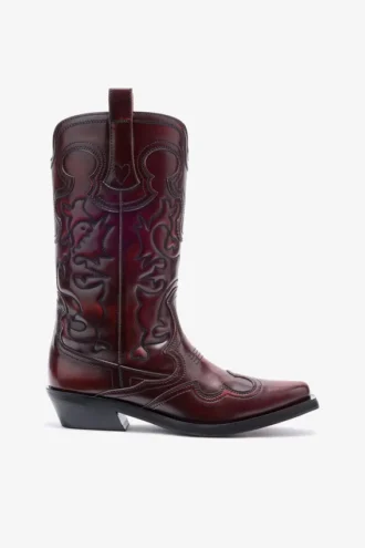 Mid Shaft Embroidered Western Boots in Burgundy