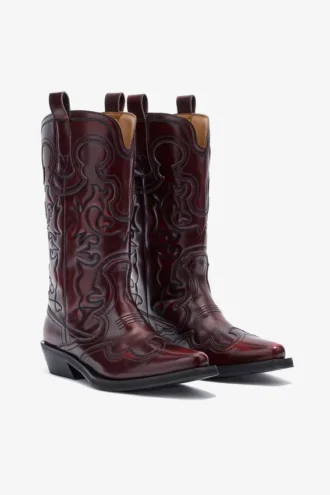Mid Shaft Embroidered Western Boots in Burgundy