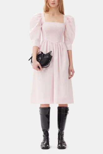 Pink Cotton Poplin Open Neck Smock Dress