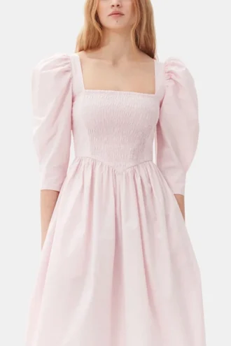 Pink Cotton Poplin Open Neck Smock Dress