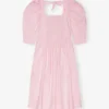 Pink Cotton Poplin Open Neck Smock Dress