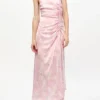 Pink Printed Satin Gathered Dress Pink Printed Satin Gathered Dress