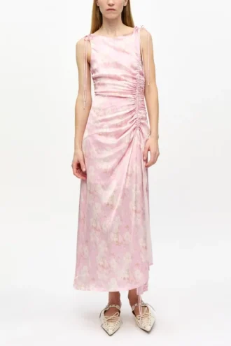 Pink Printed Satin Gathered Dress