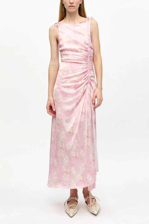 Pink Printed Satin Gathered Dress Pink Printed Satin Gathered Dress
