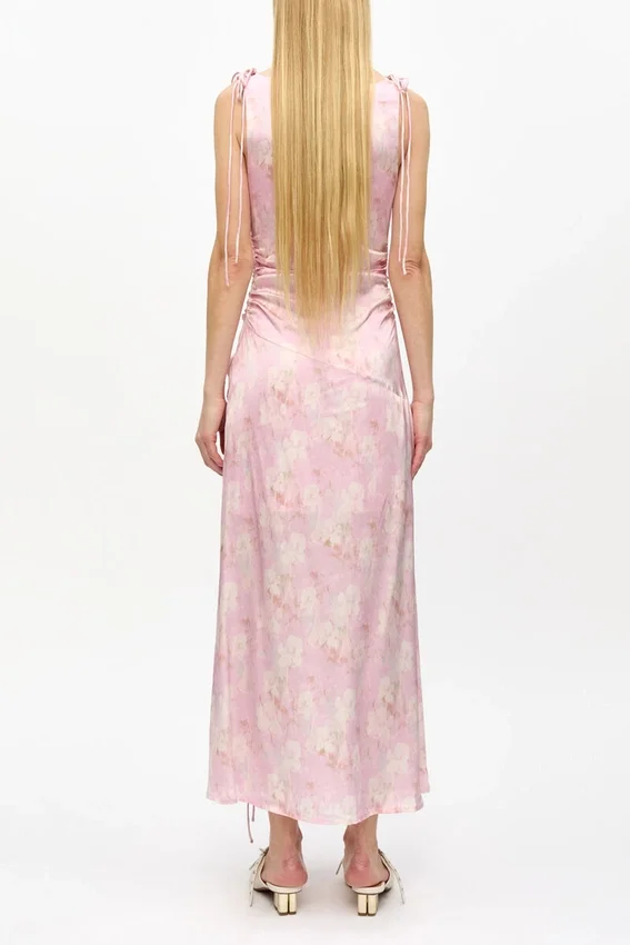 Pink Printed Satin Gathered Dress Pink Printed Satin Gathered Dress