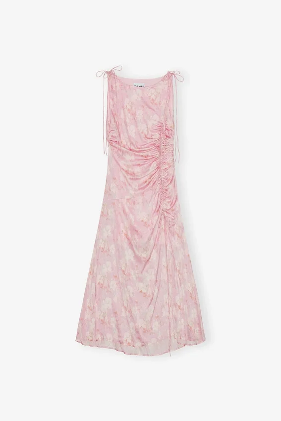 Pink Printed Satin Gathered Dress Pink Printed Satin Gathered Dress