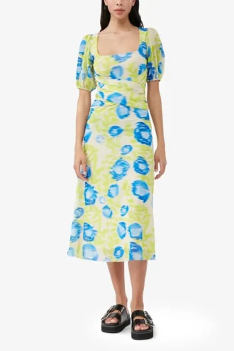 Printed Mesh Puff Sleeve Midi Dress