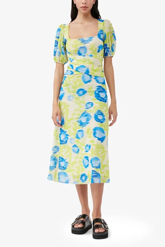Printed Mesh Puff Sleeve Midi Dress Printed Mesh Puff Sleeve Midi Dress