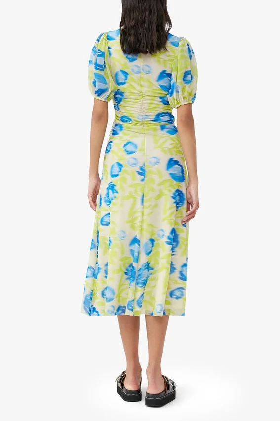 Printed Mesh Puff Sleeve Midi Dress Printed Mesh Puff Sleeve Midi Dress