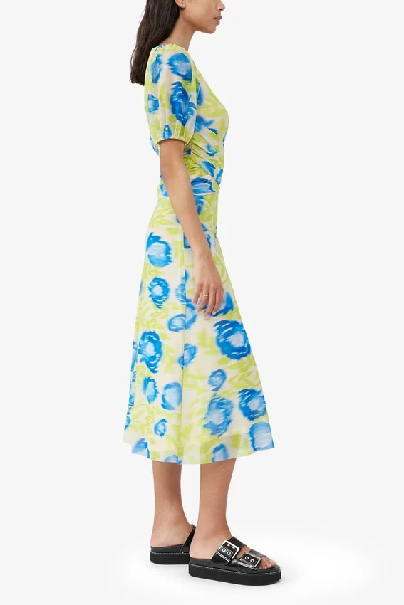 Printed Mesh Puff Sleeve Midi Dress Printed Mesh Puff Sleeve Midi Dress