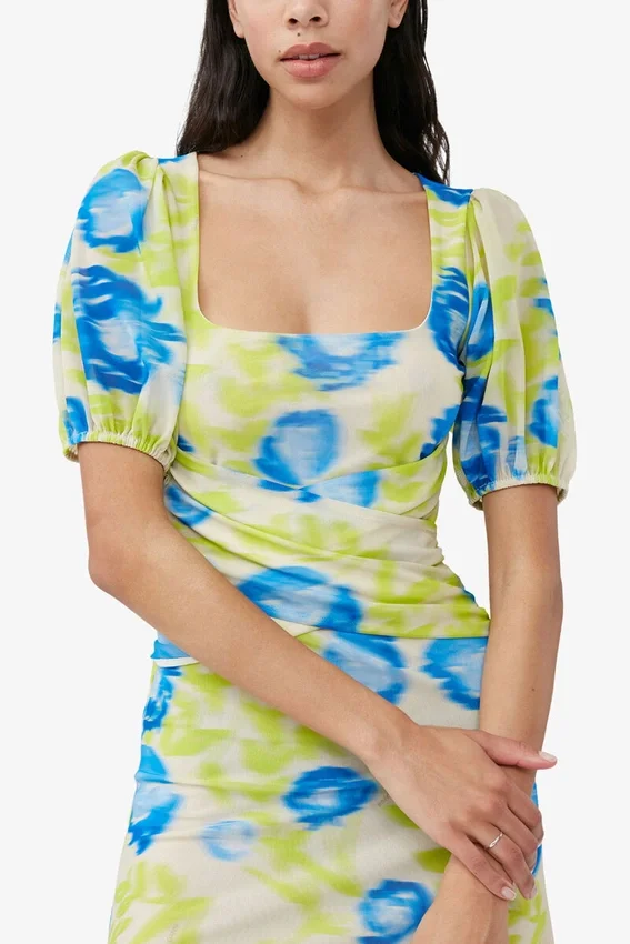 Printed Mesh Puff Sleeve Midi Dress Printed Mesh Puff Sleeve Midi Dress