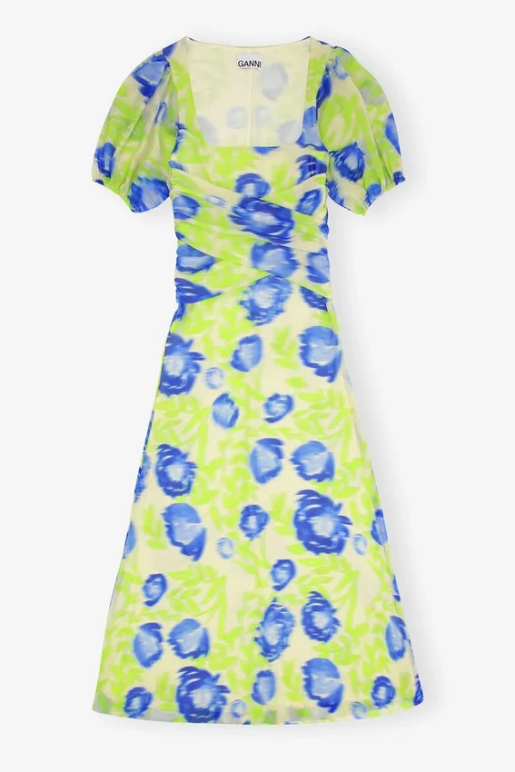 Printed Mesh Puff Sleeve Midi Dress Printed Mesh Puff Sleeve Midi Dress