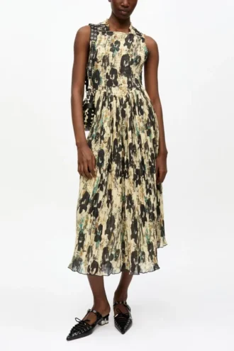 Printed Pleats Smock Midi Straps Dress