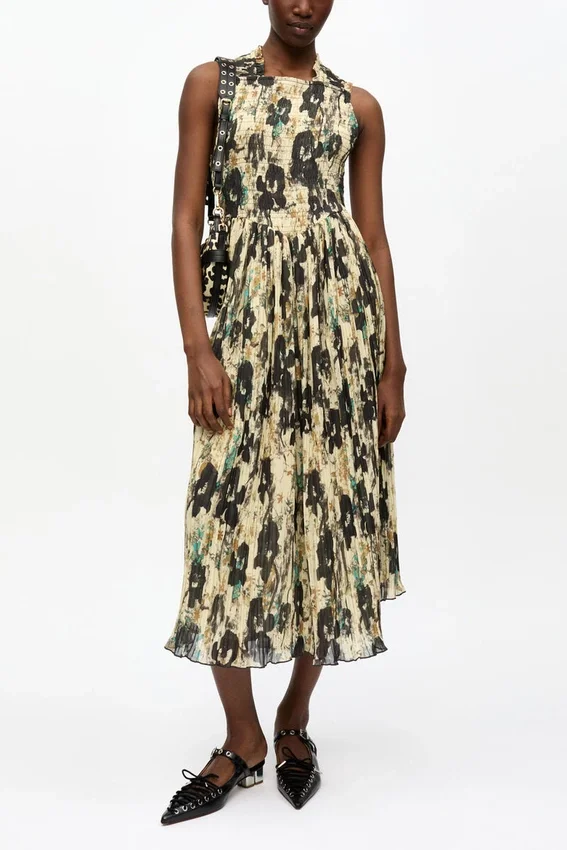 Printed Pleats Smock Midi Straps Dress Printed Pleats Smock Midi Straps Dress