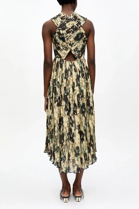 Printed Pleats Smock Midi Straps Dress Printed Pleats Smock Midi Straps Dress