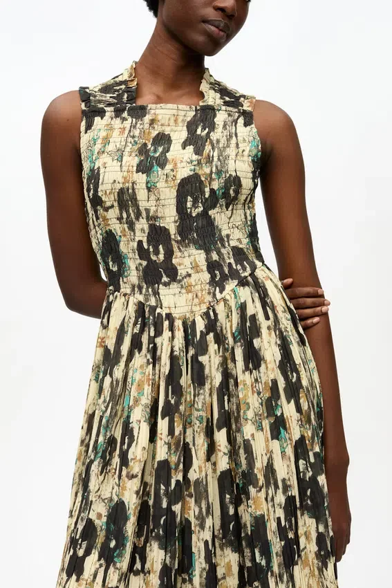 Printed Pleats Smock Midi Straps Dress Printed Pleats Smock Midi Straps Dress