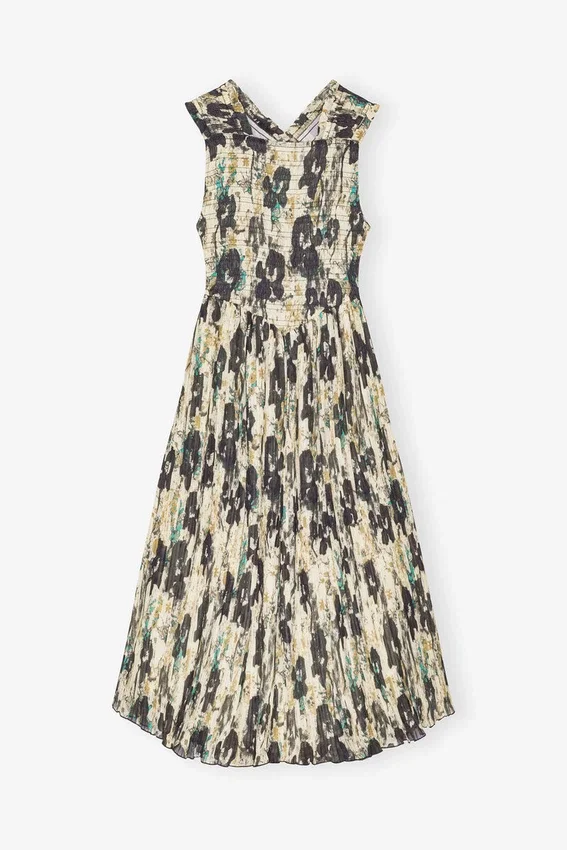 Printed Pleats Smock Midi Straps Dress Printed Pleats Smock Midi Straps Dress
