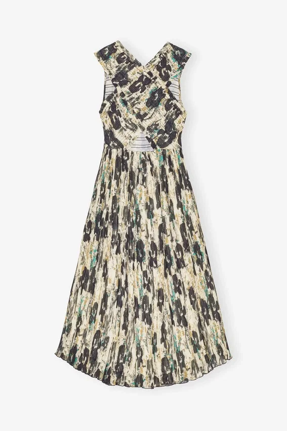 Printed Pleats Smock Midi Straps Dress Printed Pleats Smock Midi Straps Dress