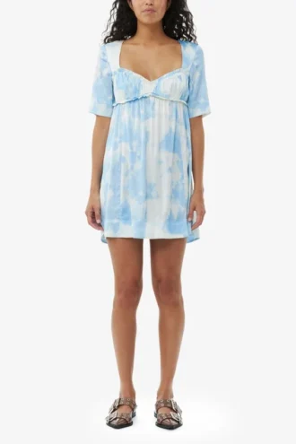 Printed Satin Short Sleeve Mini Dress