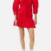 Red Cotton Poplin Gathered U-neck Mini Dress Red Cotton Poplin Gathered U-neck Mini Dress