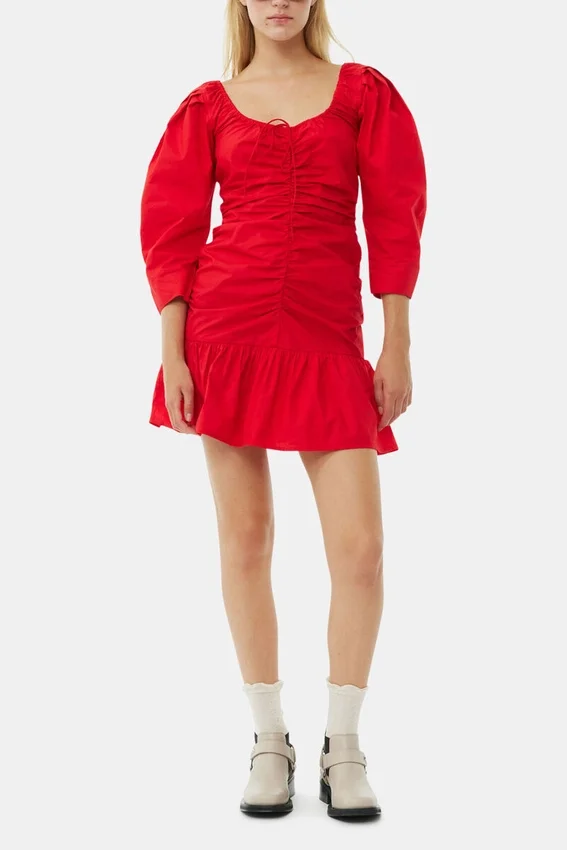 Red Cotton Poplin Gathered U-neck Mini Dress Red Cotton Poplin Gathered U-neck Mini Dress