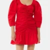 Red Cotton Poplin Gathered U-neck Mini Dress Red Cotton Poplin Gathered U-neck Mini Dress