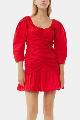 Red Cotton Poplin Gathered U-neck Mini Dress
