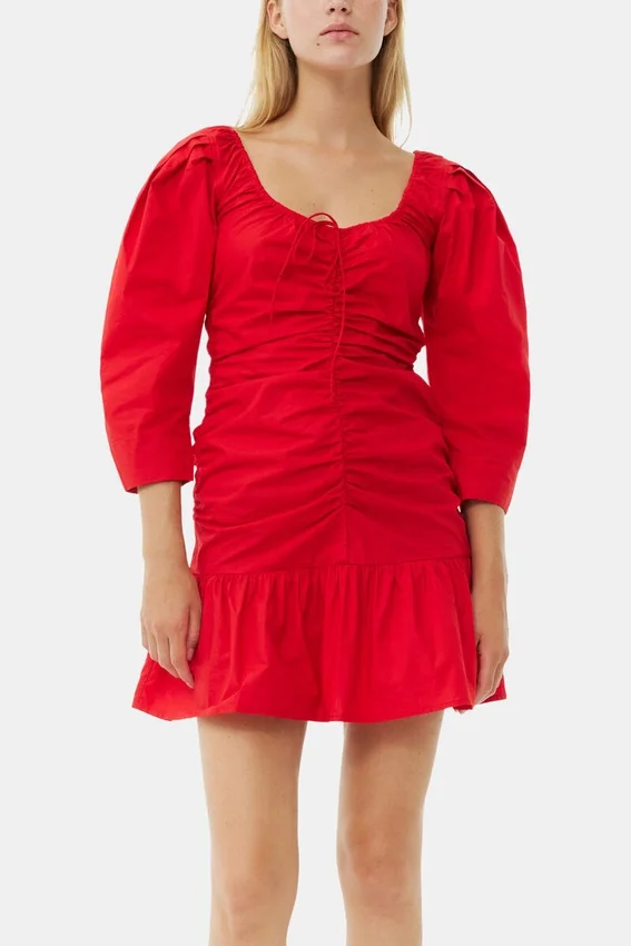 Red Cotton Poplin Gathered U-neck Mini Dress Red Cotton Poplin Gathered U-neck Mini Dress