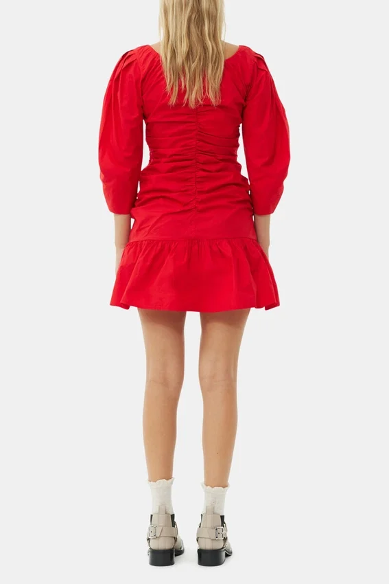 Red Cotton Poplin Gathered U-neck Mini Dress Red Cotton Poplin Gathered U-neck Mini Dress