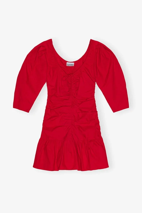 Red Cotton Poplin Gathered U-neck Mini Dress Red Cotton Poplin Gathered U-neck Mini Dress