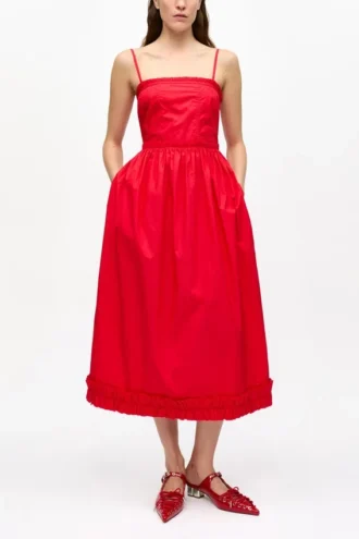 Red Cotton Poplin Strap Dress