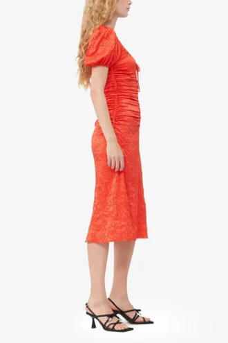Red Crinkled Satin Midi Dress