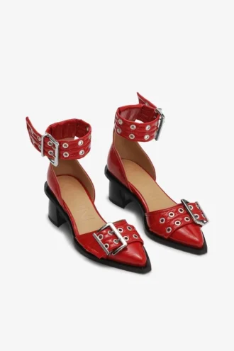 Red Feminine Buckle Open Cut Pumps