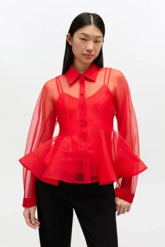 Red Organza Peplum Shirt