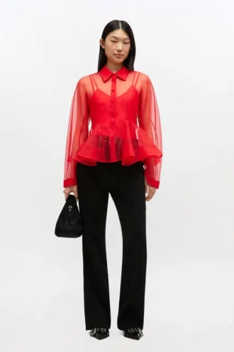 Red Organza Peplum Shirt