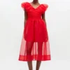 Red Organza Ruched Dress